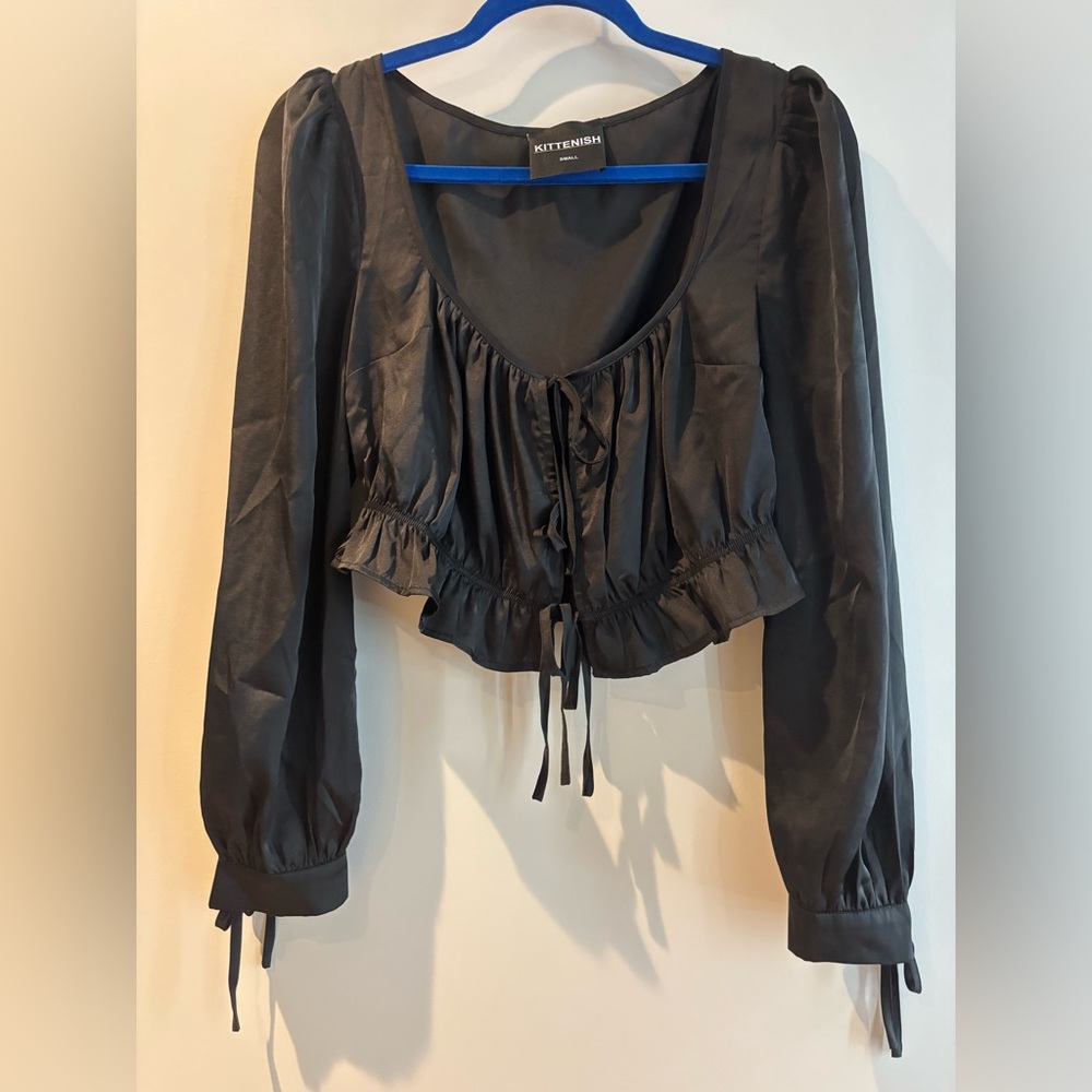 Kittenish Gray Tie Front Ruffled Blouse